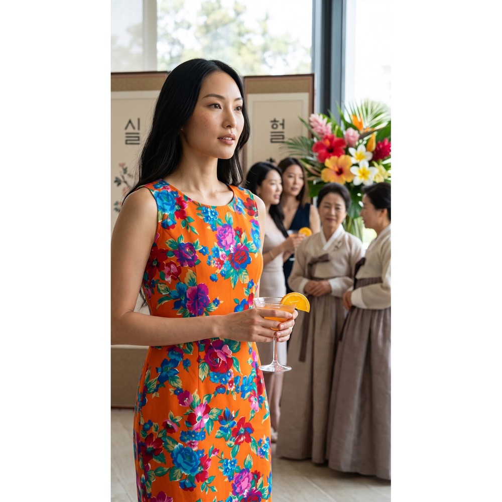 Givy Vintage 90s Orange Floral Sheath K-Fashion Vtg Korean Retro Wedding Guest